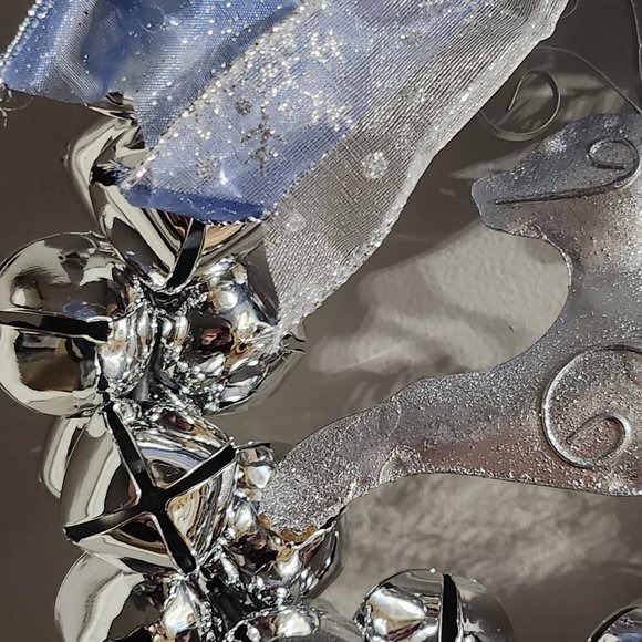 Huntington 9" Silver Jingle Bell With Silver Reindeer and Silver and Blue Bow Li - Picture 5 of 10